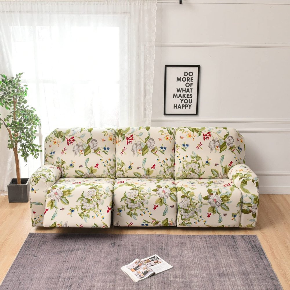 8-Piece Stretch Loveseat Recliner Slipcovers, Printed 3 Seat Recliner Sofa Cover Non Slip Reclining Sofa Slipcover Furniture Protector with Pocket-D||3 Seat