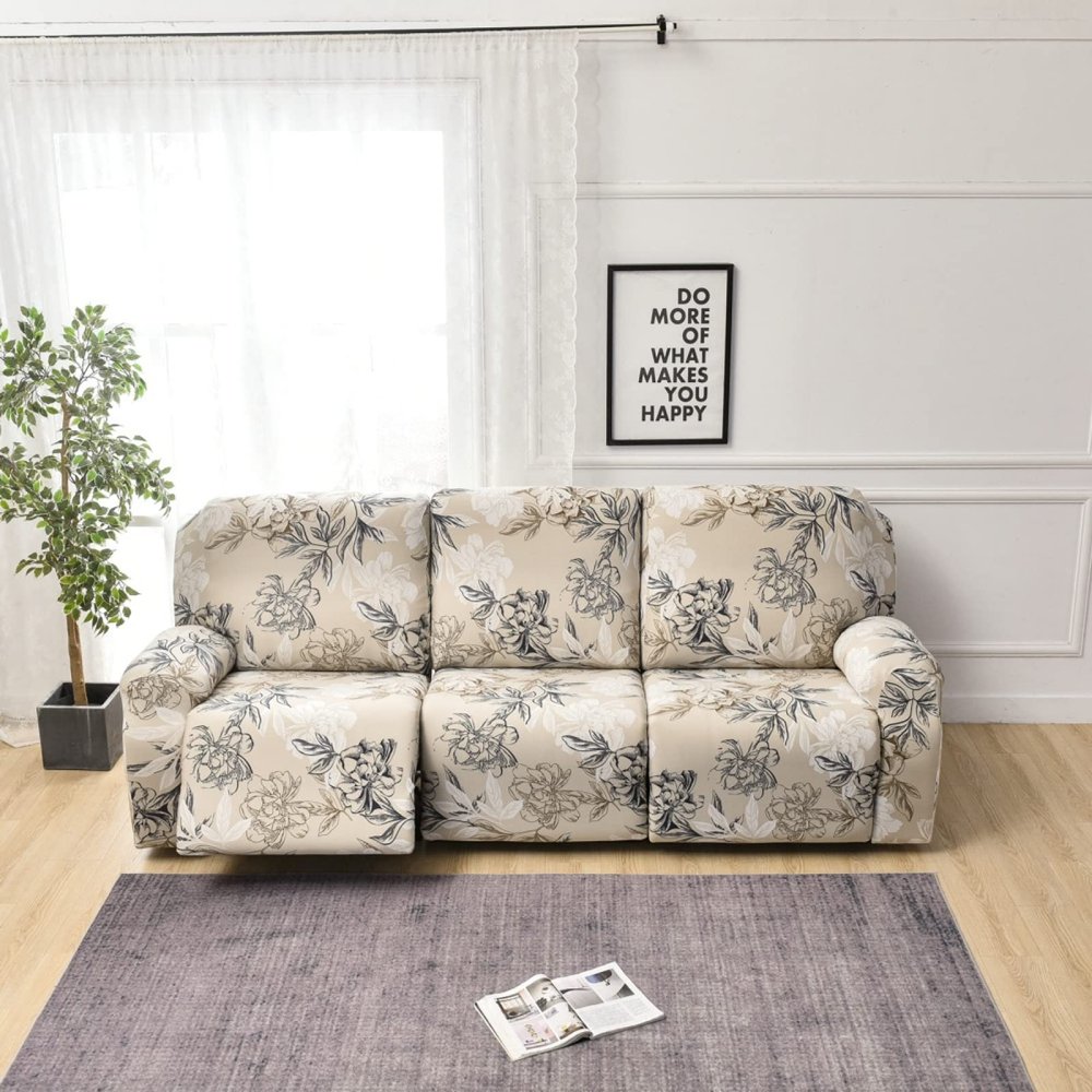 8-Piece Stretch Loveseat Recliner Slipcovers, Printed 3 Seat Recliner Sofa Cover Non Slip Reclining Sofa Slipcover Furniture Protector with Pocket-F||3 Seat