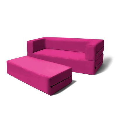 Modern Foldout Lightweight Convertible Kids Sofa Couch with Ottoman Size:18''H x 54''W x 26''D | Blocky Shape 3 Tiered Loveseat with Sturdy Backrest,Comfortable Reclining | Fuchsia Pink Color