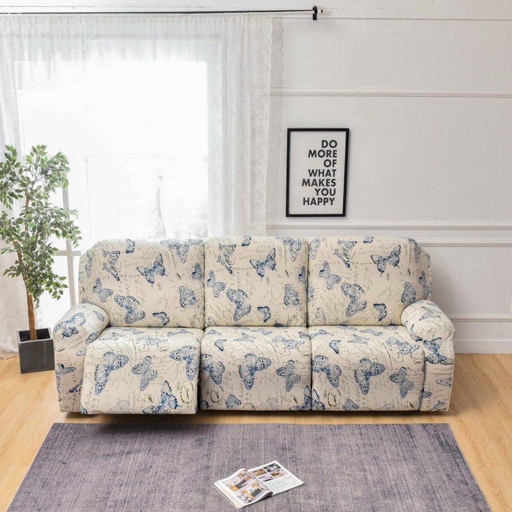 8-Piece Stretch Loveseat Recliner Slipcovers, Printed 3 Seat Recliner Sofa Cover Non Slip Reclining Sofa Slipcover Furniture Protector with Pocket-B||3 Seat