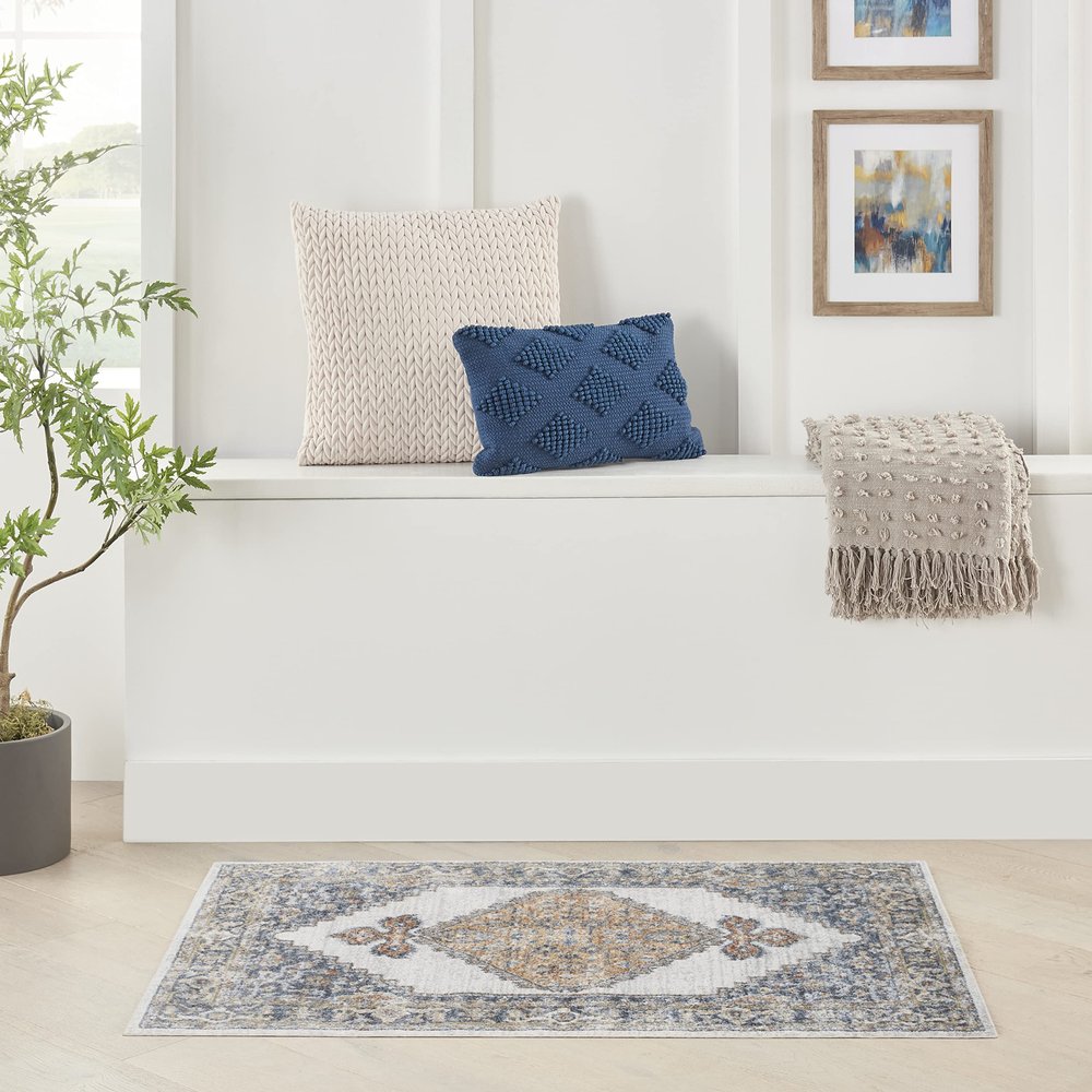 Nourison Home Astra Machine Washable Traditional Grey/Gold 4' x 6' Area Rug, Easy Cleaning, Non Shedding, Bed Room, Living Room, Dining Room, Kitchen (4x6)