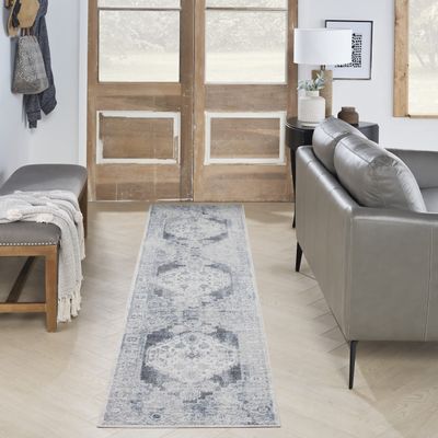 Nourison Home Astra Machine Washable Traditional Blue/Ivory 2'2" x 12' Area Rug, Easy Cleaning, Non Shedding, Bed Room, Living Room, Dining Room, Kitchen (2x12)