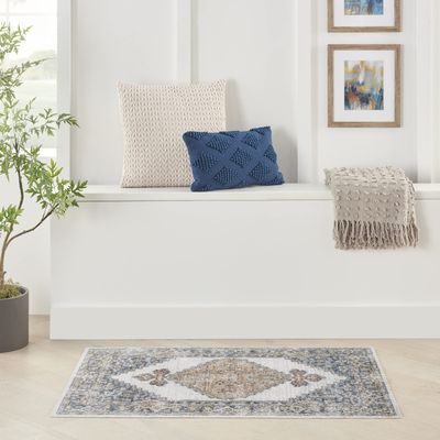 Nourison Home Astra Machine Washable Traditional Grey/Gold 2'2" x 4' Area Rug, Easy Cleaning, Non Shedding, Bed Room, Living Room, Dining Room, Kitchen (2x4)