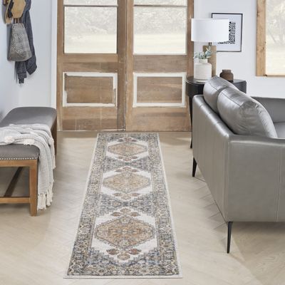 Nourison Home Astra Machine Washable Traditional Grey/Gold 2'2" x 10' Area Rug, Easy Cleaning, Non Shedding, Bed Room, Living Room, Dining Room, Kitchen (2x10)