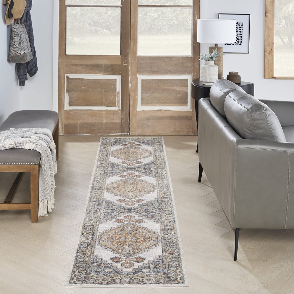 Nourison Home Astra Machine Washable Traditional Grey/Gold 2'2" x 10' Area Rug, Easy Cleaning, Non Shedding, Bed Room, Living Room, Dining Room, Kitchen (2x10)