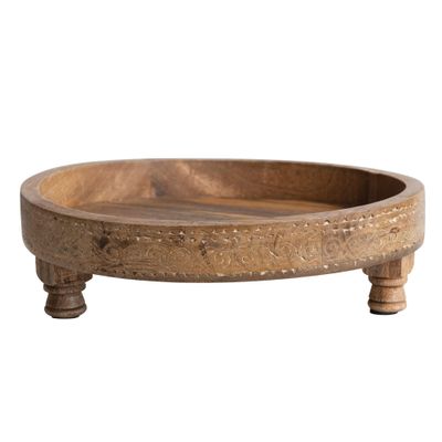 Boho Footed Wood Tray with Carved Design, Natural