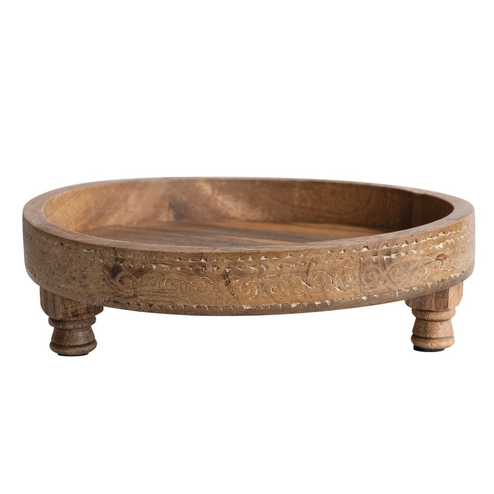 Boho Footed Wood Tray with Carved Design, Natural