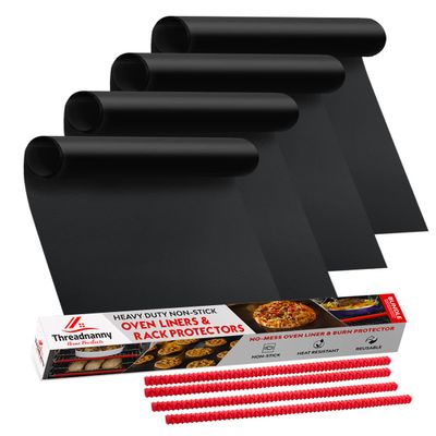 Oven Liners for Bottom of Oven Black (4-pack) Bundled with Range Rack Shield (4-pack) - Large Mat for Bottom of Range (17"x 25") and 14" Red Stove Guards for Racks - Reusable & Heat Resistant