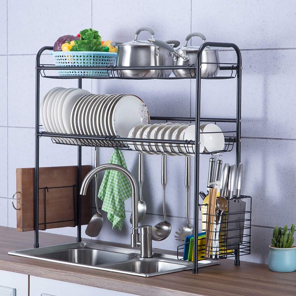 2 Tier Black 304 Stainless Steel Dish Drainer Rack, Kitchen Over The Sink Drain Rack, Space-Saving (74*28*82cm )