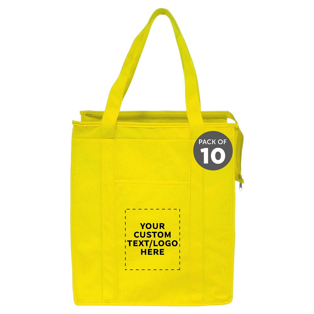 DISCOUNT PROMOS Custom Non-Woven Insulated Tote Bags Set of 10, Personalized Bulk Pack - Reusable, Great for Picnic, Camping, Beach, Outdoor Activities - Yellow