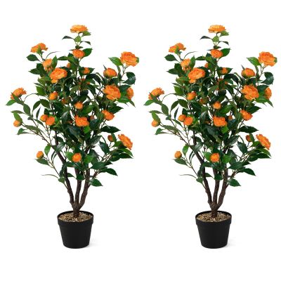 Goplus 40 Artificial Camellia Tree, 2 Pack Flower Plants Artificial Tree, Faux Floral Plant Blooming Tree in Cement Pot, Greenery Potted Plant for Indoor Outdoor Office Home Porch Decor