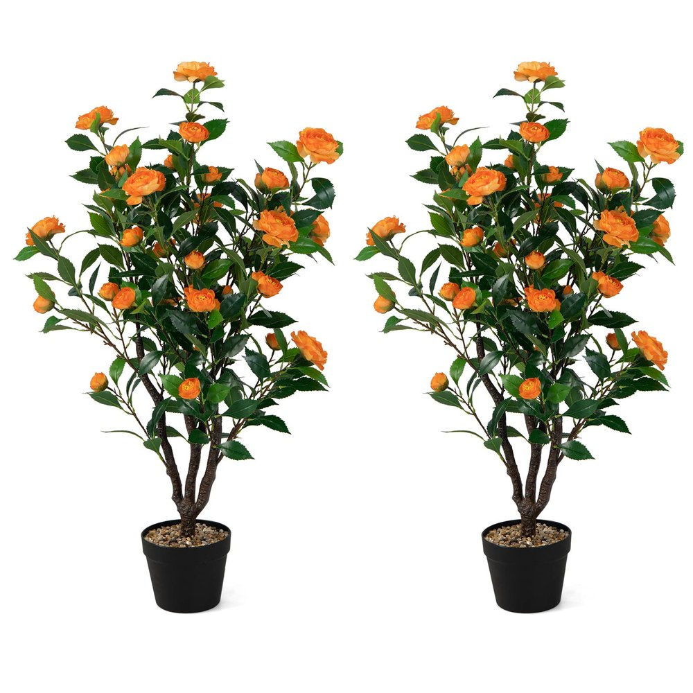 Goplus 40 Artificial Camellia Tree, 2 Pack Flower Plants Artificial Tree, Faux Floral Plant Blooming Tree in Cement Pot, Greenery Potted Plant for Indoor Outdoor Office Home Porch Decor