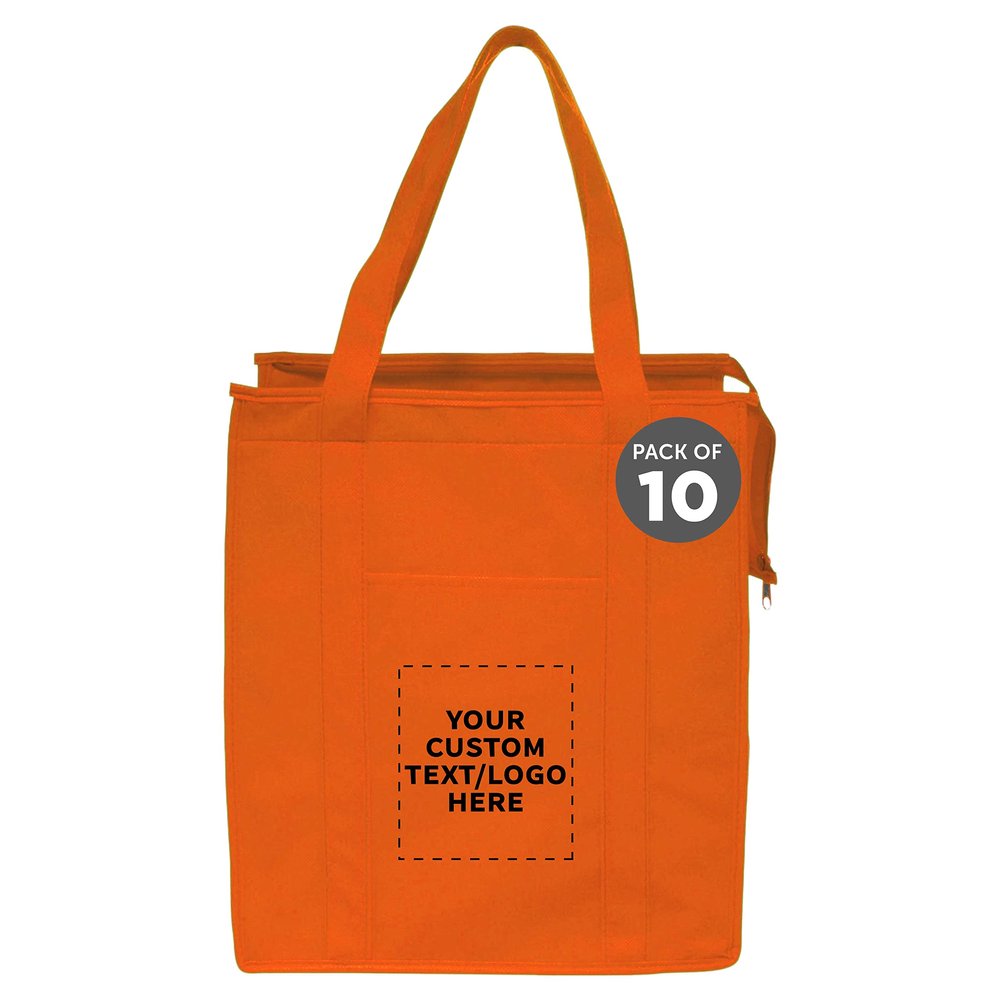DISCOUNT PROMOS Custom Non-Woven Insulated Tote Bags Set of 10, Personalized Bulk Pack - Reusable, Great for Picnic, Camping, Beach, Outdoor Activities - Orange