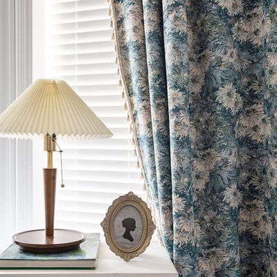 ENJOYBRIDAL Blue Floral Curtains 96 Inch Length 2 Panels Farmhouse Semi Sheer Drapes for Living Room Bohemian Rustic Rod Pocket Window Curtain Panels with Tassel Jacquard Bedroom Window Treatments