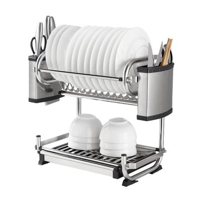 2-Tier Stainless Steel Dish Rack, Multifunctional Drying Dish Storage Rack, Detachable with Drip Tray and Cutlery Holder