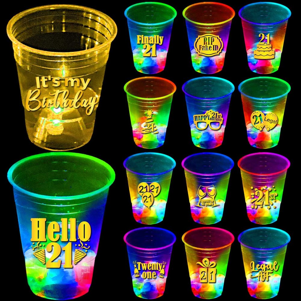 mishunyus 24 Pcs Glow 21st Birthday Party Cups - Gold 16 oz Cups for Men & Women - Happy 21st Birthday Decorations Supplies/Favors - Finally Legal, Cheers to 21 Years