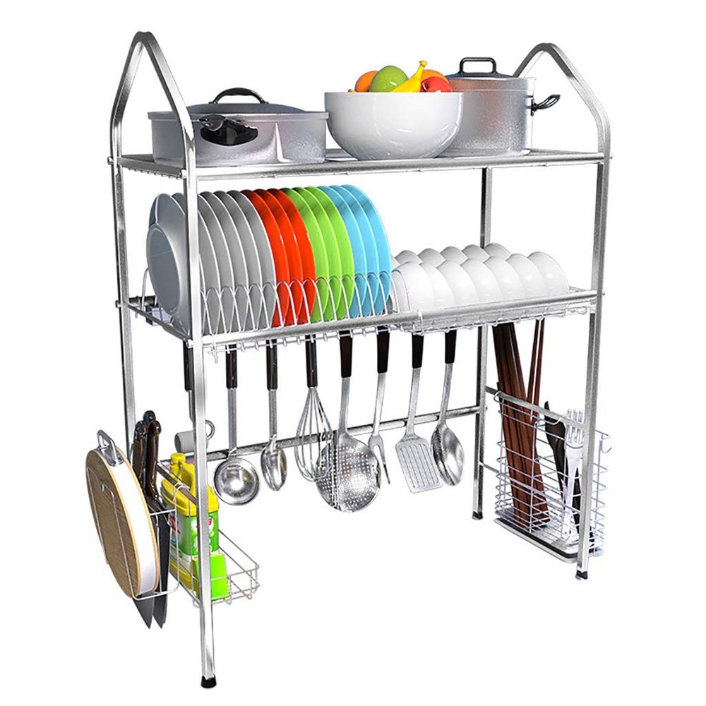 2 Tier Stainless Steel Kitchen Sink Drain Rack, Cutlery Water Filter Dish Organizer, Space-Saving (79*28*82cm )