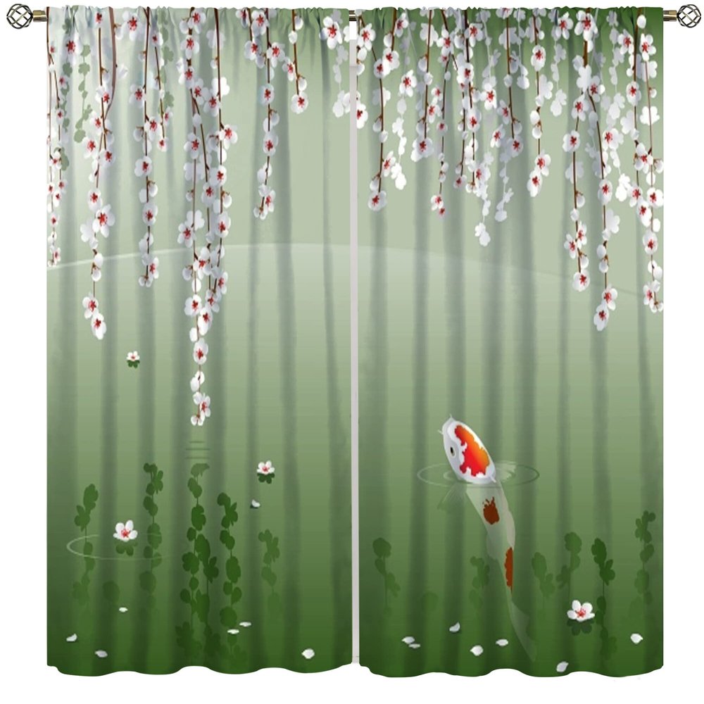 Koi Fish Curtains,Spring Cherry Blossom Pond Fish Pattern Printed Landscape Bedroom Window Curtains,Green 72x63in