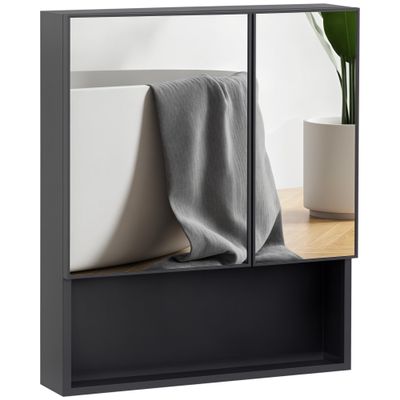 kleankin Wall-Mounted Medicine Cabinet, Bathroom Mirror Cabinet with Double Doors and Storage Shelves, Black