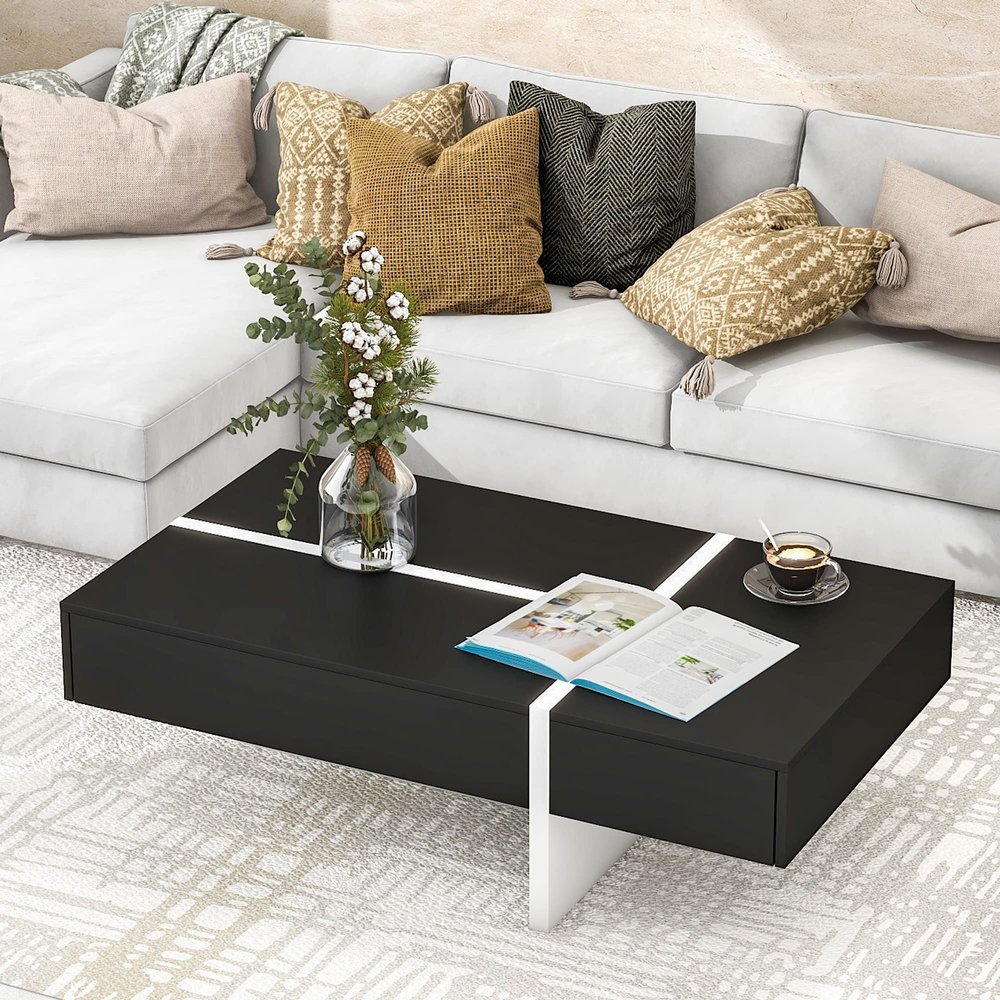 Coffee Table with Storage for Living Room Modern Rectangle Center Table with High Gloss Surface Contemporary Tea Table for Sofa, Black