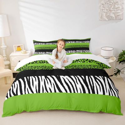 Leopard Print Kids Duvet Cover Set Twin Size,Zebra Skin Stripes Patchwork Bedding Set,Girls Boys Adults Room Decor,Abstract Animals Skin Comforter Cover,Green Stylish Quilt Cover,1 Pillowcase
