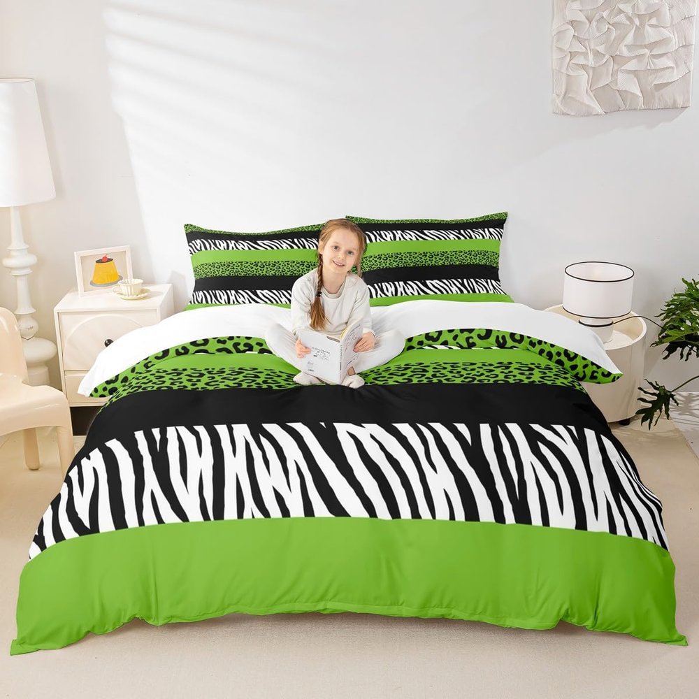 Leopard Print Kids Duvet Cover Set Twin Size,Zebra Skin Stripes Patchwork Bedding Set,Girls Boys Adults Room Decor,Abstract Animals Skin Comforter Cover,Green Stylish Quilt Cover,1 Pillowcase
