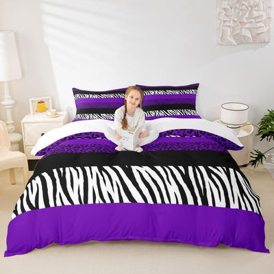 Purple Leopard Print Kids Duvet Cover Set Twin Size,Zebra Abstract Animals Skin Bedding Set,Girls Boys Adults Room Decor,Geometric Stripes Comforter Cover,Luxury Romantic Quilt Cover,1 Pillowcase