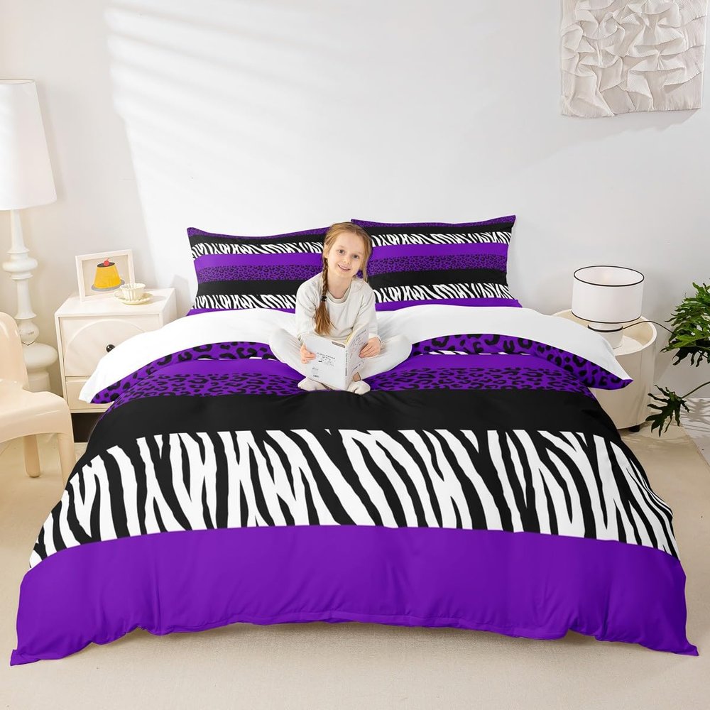 Purple Leopard Print Kids Duvet Cover Set Twin Size,Zebra Abstract Animals Skin Bedding Set,Girls Boys Adults Room Decor,Geometric Stripes Comforter Cover,Luxury Romantic Quilt Cover,1 Pillowcase