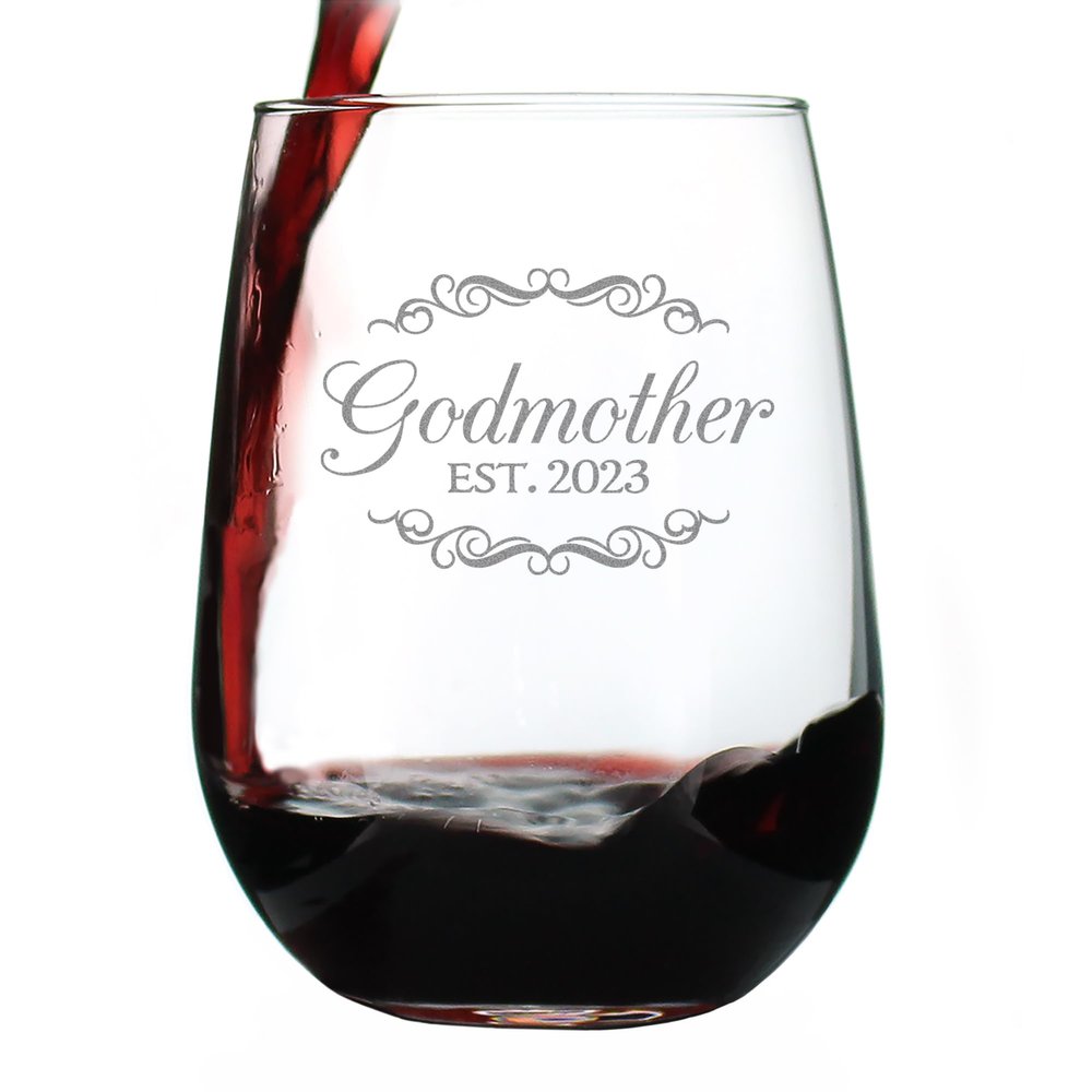 Bevvee Godmother Est 2023 - New Godmother Stemless Wine Glass Proposal Gift for First Time Godparents - Decorative 17 Oz Large Glasses