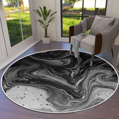 Black Grey Round Area Rug 4ft,Washable Outdoor Indoor Carpet Runner Rug for Bedroom,Kitchen,Bathroom,Living Room,Office,Abstract Modern Marble Fluid Artwork Art Area+Rug Large Bath Door Desk Floor Mat