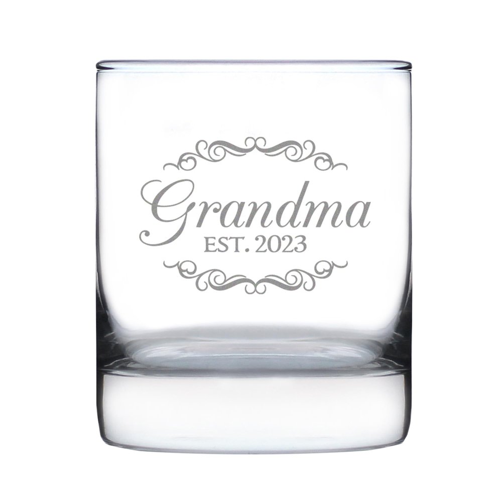 Bevvee Grandma Est 2023 - New Grandmother Whiskey Rocks Glass Gift for First Time Grandparents - Decorative 10.25 Oz Glasses