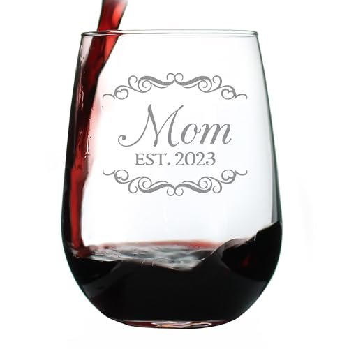 Bevvee Mom Est 2023 - New Mother Stemless Wine Glass Gift for First Time Parents - Decorative 17 Oz Large Glasses