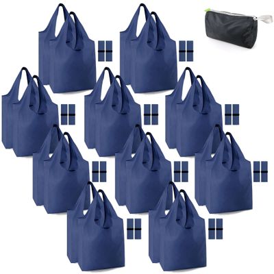 BeeGreen 20 Pack Navy Blue Reusable Grocery Bags with Storage Pouch Wholesale Reusable Shopping Bags Bulk w Elastic Band 50LBS X-Large Foldable Tote Bags Machine Washable-Heavy Duty Cloth Bags
