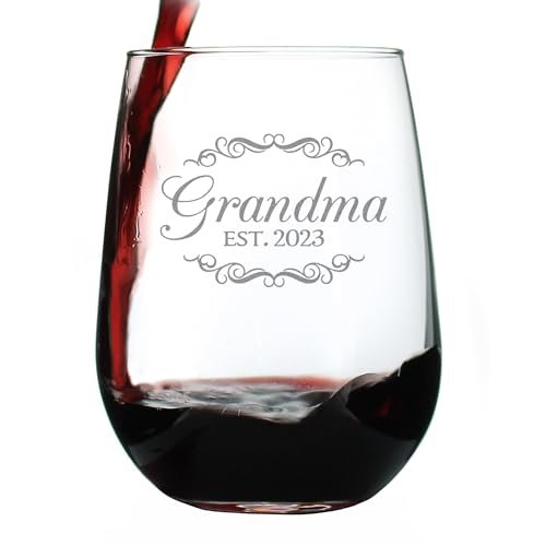 Bevvee Grandma Est 2023 - New Grandmother Stemless Wine Glass Gift for First Time Grandparents - Decorative 17 Oz Large Glasses