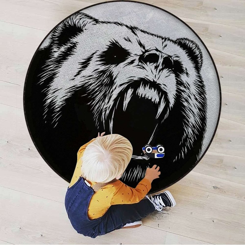 Bear Chair Mat for Hardwood Floor Noise Cancelling Gaming Chair Mat Round Anti-Slip Office Chair Mat for Home Office Gaming Room Sketch Line Style Ink Drawing Style,Charcoal Grey Diameter 43.3 in