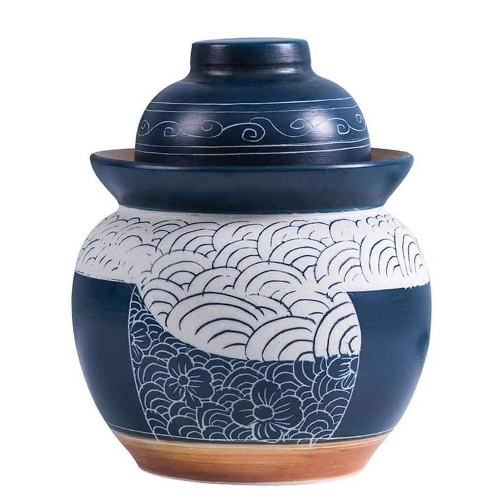 QPZK Ceramic Fermentation Crock Pickling Pot,Blue Traditional Chinese Porcelain Pickle Jar, Fermenting Jar with Water Seal Airlock Lid Stoneware Fermenter for Sauerkraut 3.5KG