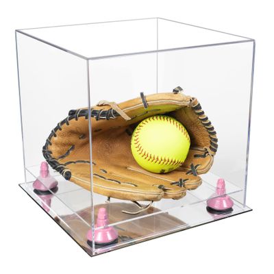 Better Display Cases Acrylic Versatile Display Case - Medium Square Box with Clear Case, Pink Risers and Mirror Base 11" x 11" x 11" (A001/V01)