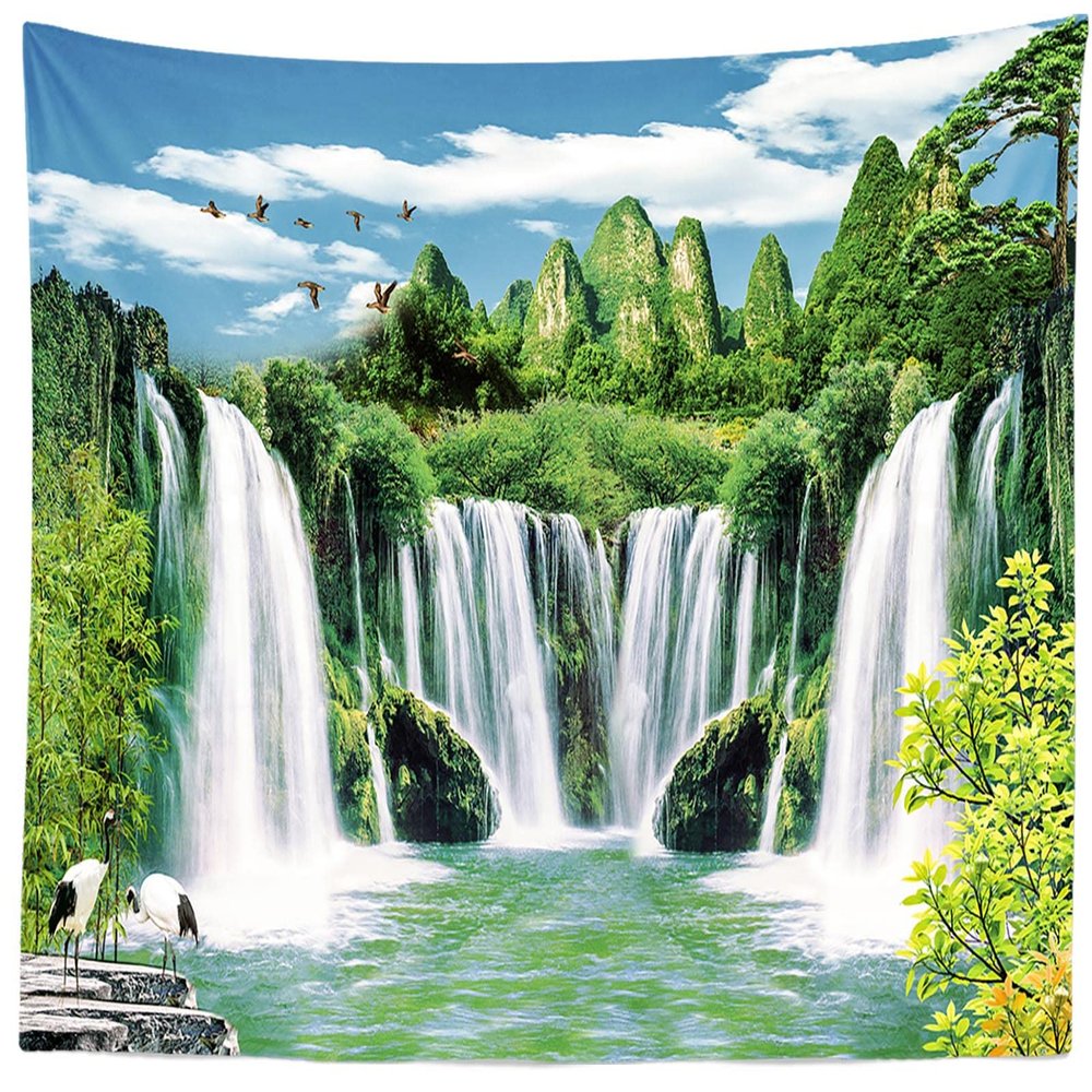 BELECO Mountain Waterfall Tapestry Wall Hanging 118x96 Inch Green Mountain Trees Lake Nature Art Tapestry Asian Landscape Tapestry for Bedroom Living Room Dorm Decor Home Decorations