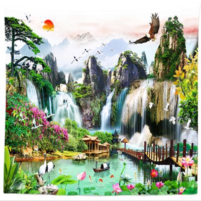 BELECO Mountain Lake Tapestry Waterfall Tapestry Asian Style Nature Tapestry 118x78 Inch Mountain Trees Green Lake Lotus Flowers Bridge Wonderland Tapestry Wall Mural for Bedroom Living Room Decor