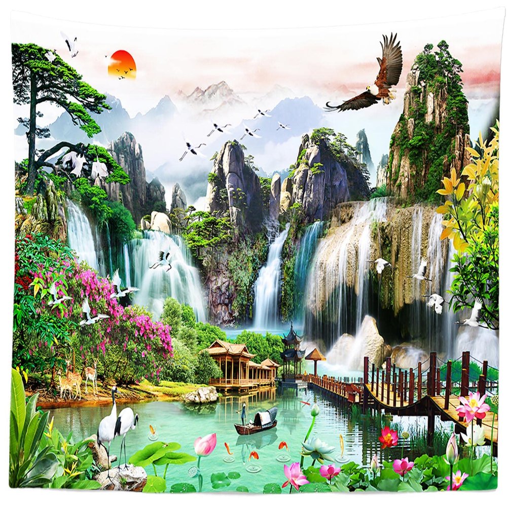BELECO Mountain Lake Tapestry Waterfall Tapestry Asian Style Nature Tapestry 118x78 Inch Mountain Trees Green Lake Lotus Flowers Bridge Wonderland Tapestry Wall Mural for Bedroom Living Room Decor