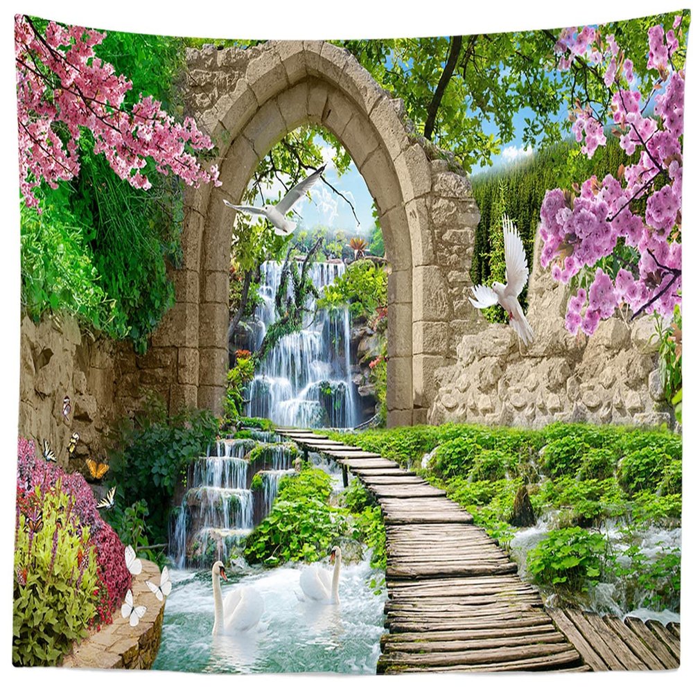 BELECO Spring Garden Tapestry Wall Hanging Cherry Blossoms Green Trees River Bridge Nature Tapestry 118x78 Inch Stone Arch Mountain Waterfall Landscape Tapestry for Bedroom Living Room Dorm Decor