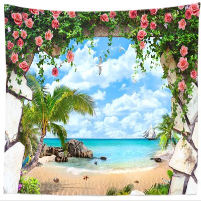 BELECO Tropical Ocean Wall Tapestry 70x47 Inch 3D Stone Cave Scenery Beach Island Tapestry Palm Tree Sailboat Rose Flowers Blue Sky White Clouds Seaside Tapestry for Bedroom Living Room Dorm Decor