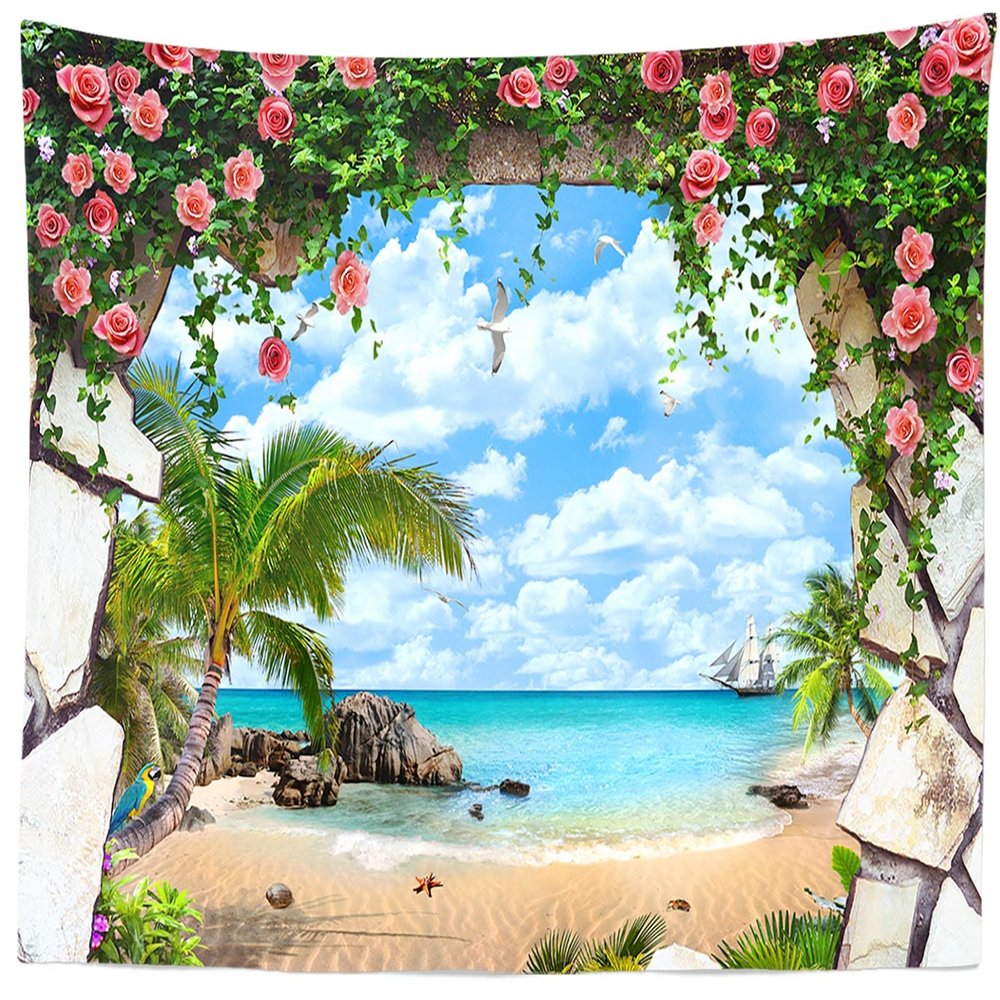 BELECO Tropical Ocean Wall Tapestry 70x47 Inch 3D Stone Cave Scenery Beach Island Tapestry Palm Tree Sailboat Rose Flowers Blue Sky White Clouds Seaside Tapestry for Bedroom Living Room Dorm Decor