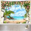 BELECO Tropical Ocean Wall Tapestry 70x47 Inch 3D Stone Cave Scenery Beach Island Tapestry Palm Tree Sailboat Rose Flowers Blue Sky White Clouds Seaside Tapestry for Bedroom Living Room Dorm Decor view 2