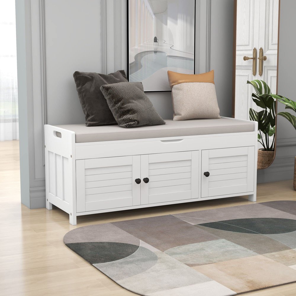 Wealthman Storage Bench with 3 Shutter-Shaped Doors, Shoe Bench with Removable Cushion and Hidden Storage Space for Hallway Entryway Living Room Bedroom (White)