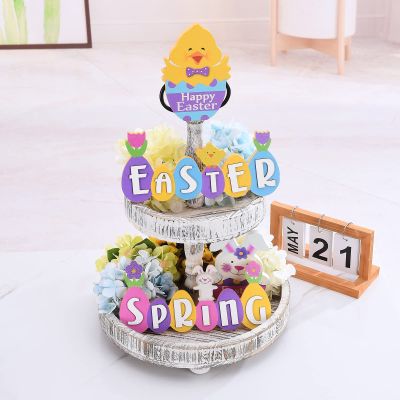 4Pcs Easter Tiered Tray Decor, Easter Decor Farmhouse Mini Wood Decor, Bunny Wood Sign Spring Decorative Trays Signs Rustic for Holiday Kitchen Home Table Window Decor