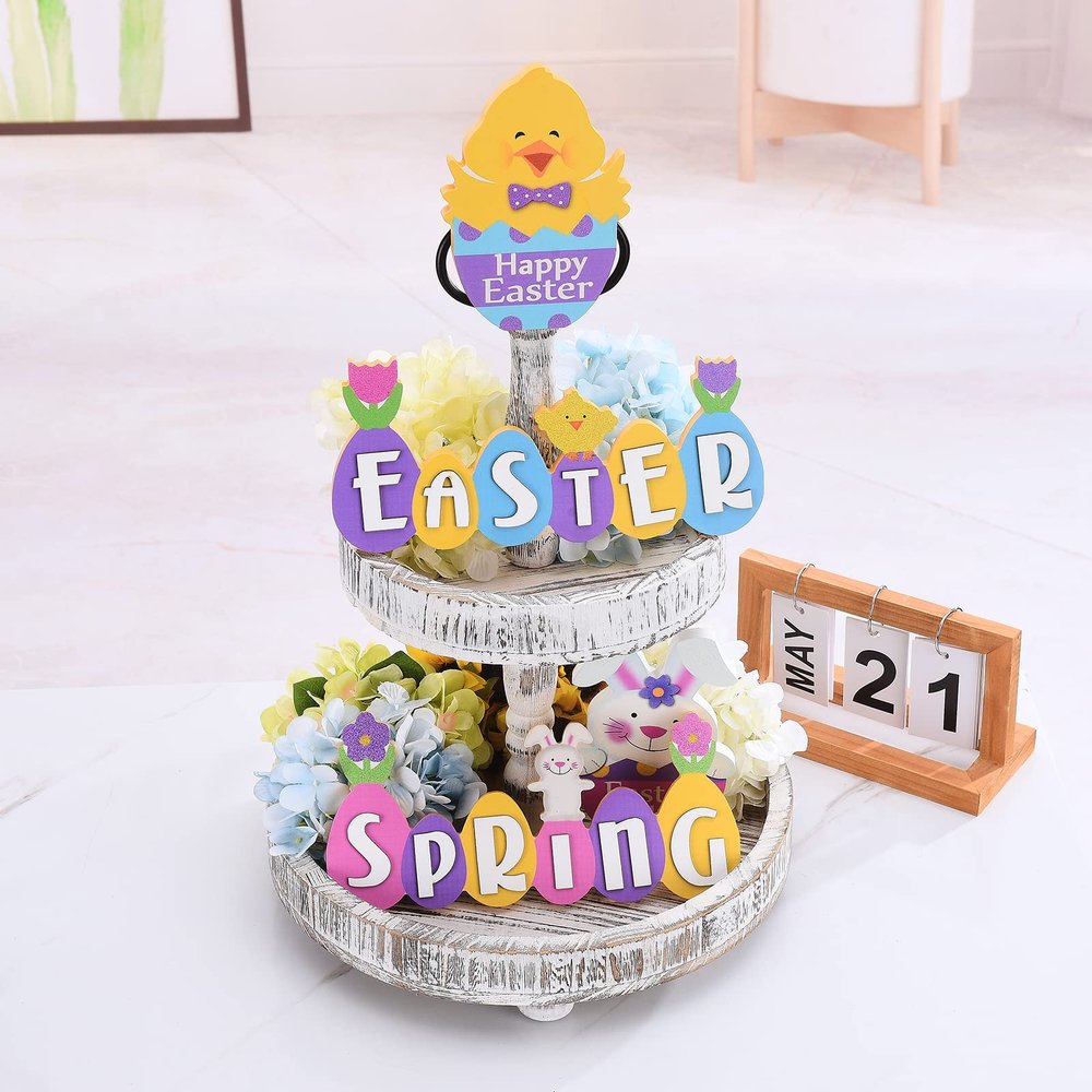 4Pcs Easter Tiered Tray Decor, Easter Decor Farmhouse Mini Wood Decor, Bunny Wood Sign Spring Decorative Trays Signs Rustic for Holiday Kitchen Home Table Window Decor