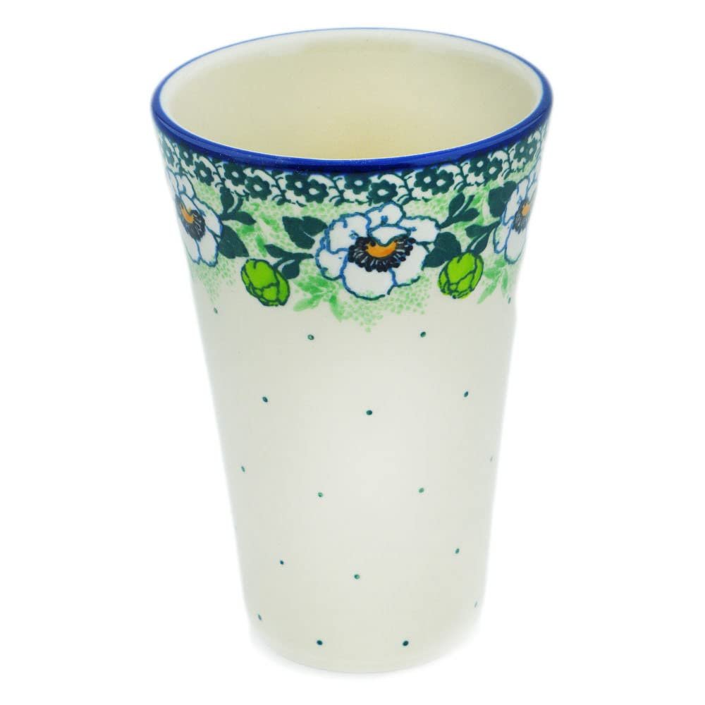 Polmedia Polish Pottery Tumbler - Green Flora Pattern Handmade in Boleslawiec Poland by Ceramika Artystyczna + Certificate of Authenticity