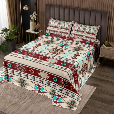 Bohemian Aztec Bedspread for Girls Boys Kids Adults Western Boho Exotic Coverlet Decor Cowboy Cowgirl Southwestern Quilt Set Ethnic Tribal Arrow Geometric Quilted Bedroom Collection King Size 3Pcs