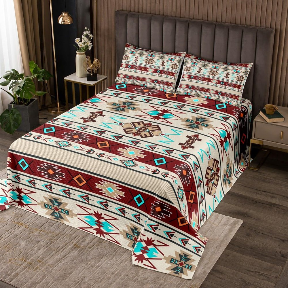 Bohemian Aztec Bedspread for Girls Boys Kids Adults Western Boho Exotic Coverlet Decor Cowboy Cowgirl Southwestern Quilt Set Ethnic Tribal Arrow Geometric Quilted Bedroom Collection King Size 3Pcs